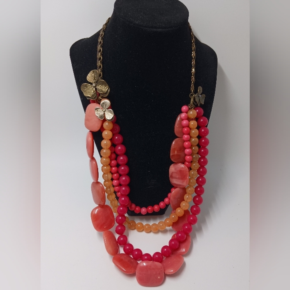 Fossil Pink Coral Flower Bohemian Statement Layered Chain Bead Necklace